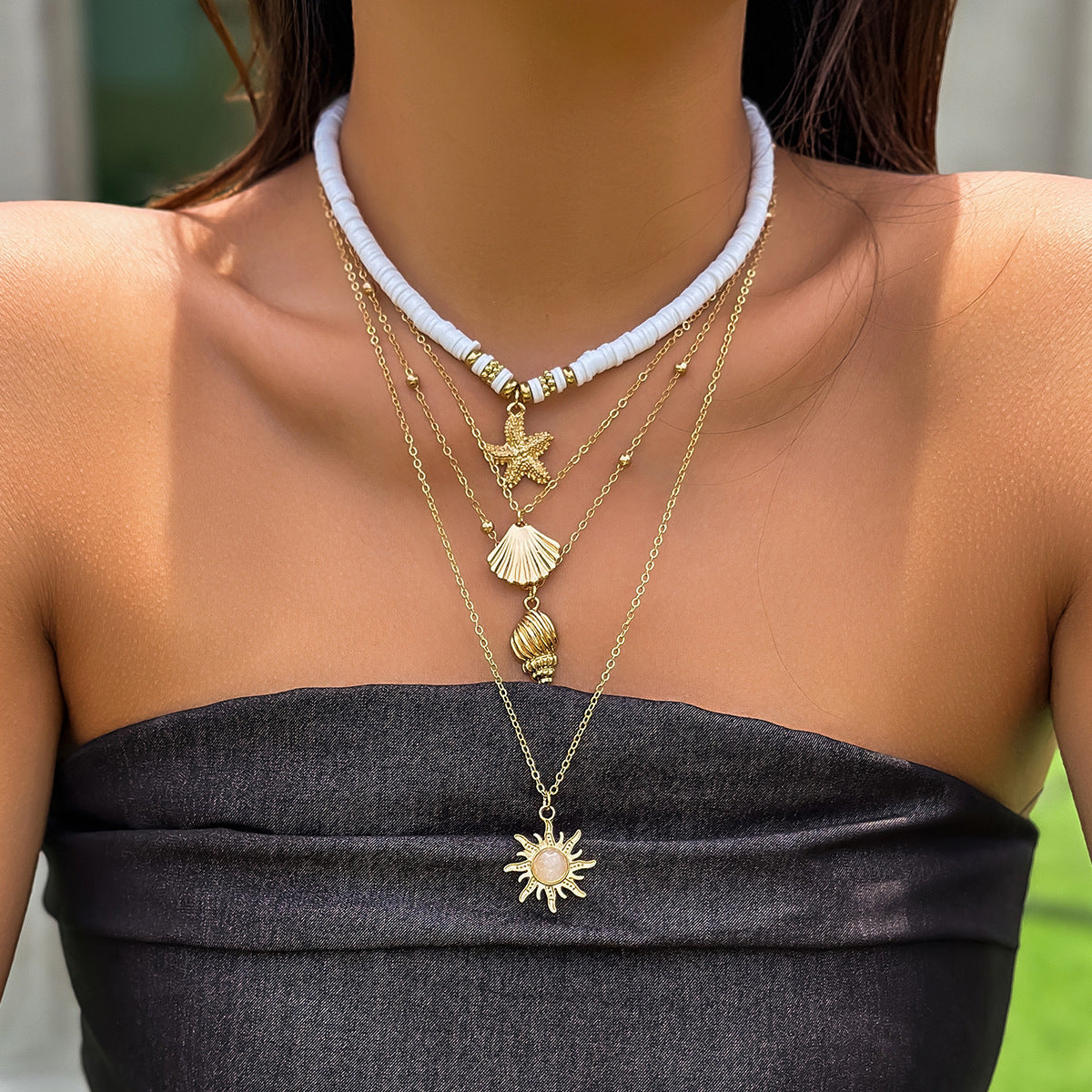 Collana Bohemien Floreale Placcata in Lega con Perle Imitazione e Intarsi in Conchiglia da Donna