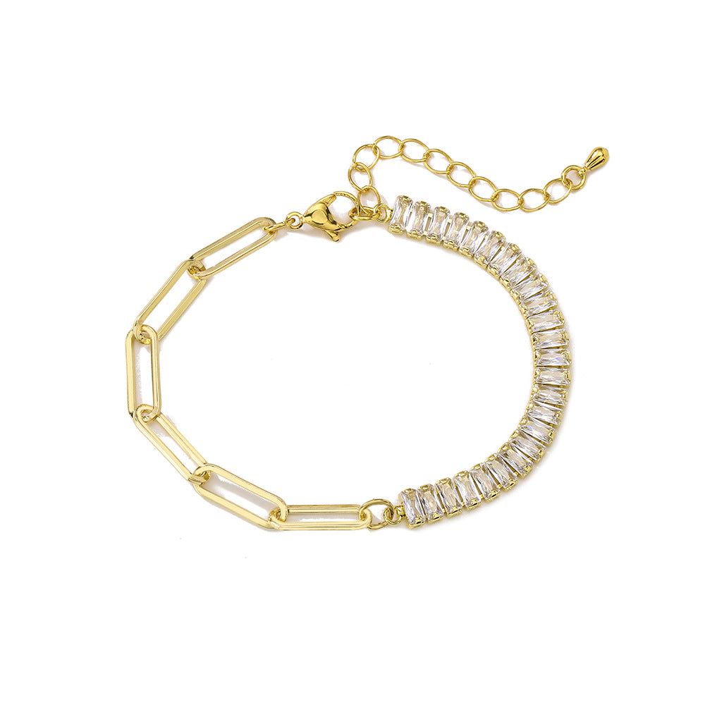 Geometric Copper Bracelet with 18K Gold Plating and Cubic Zirconia for Women, Minimalist Ins-Inspired Statement Jewelry