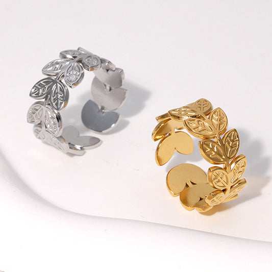 Anillo ajustable de titanio con forma de hoja para mujer con baño de PVD