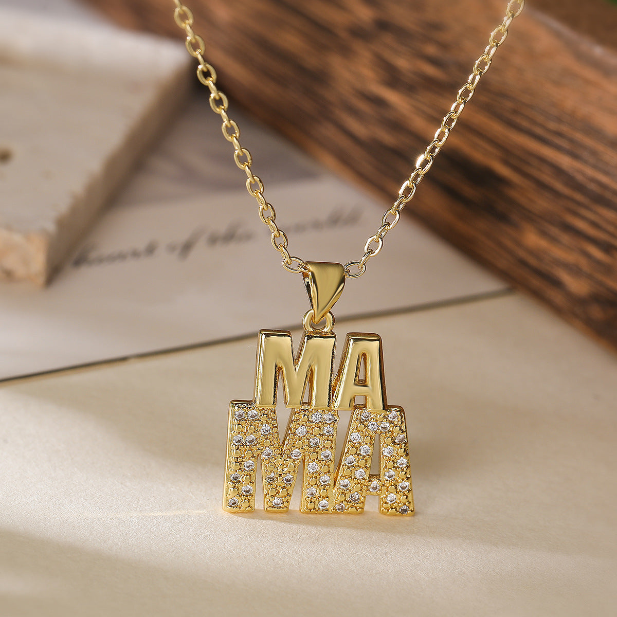 Collar con colgante MAMA geométrico minimalista para mujer con base de cobre y chapado en oro de 18 quilates, incrustaciones de diamantes de imitación