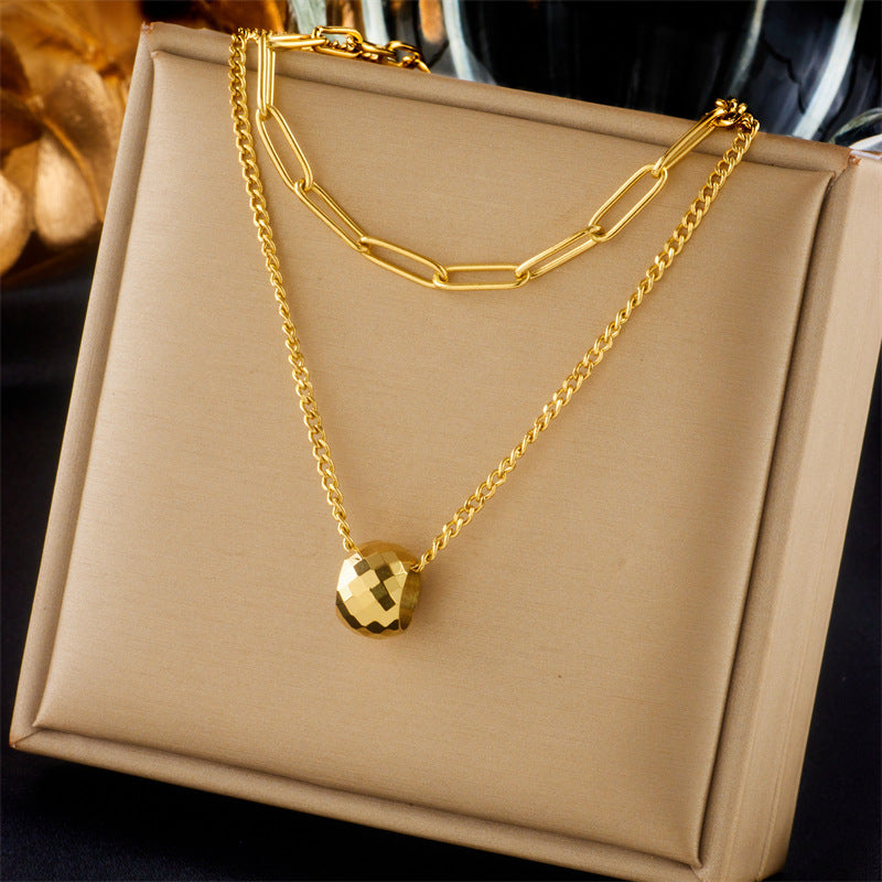 Minimalist Luxury Double-Layer Titanium Steel Necklace with Faceted Round Pendant and Adjustable Chain for Women