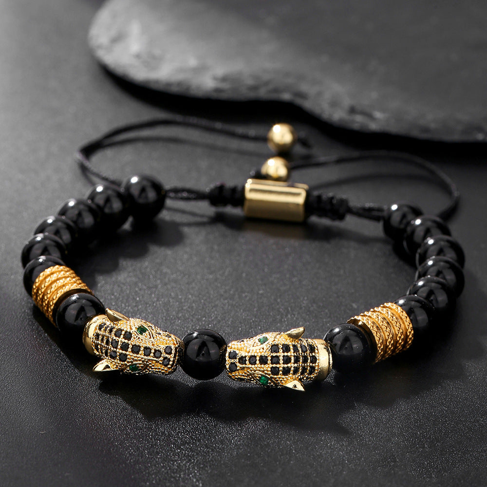 Hip-hop Micro-inlaid Cubic Zirconia Leopard Head Adjustable Stainless Steel Bracelet with Black Agate