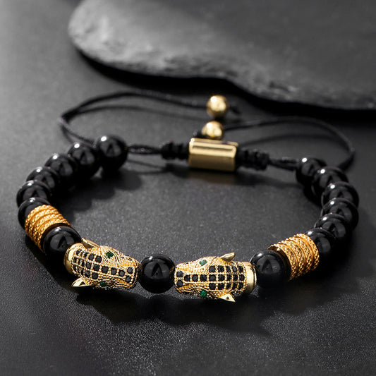 Hip-hop Micro-inlaid Cubic Zirconia Leopard Head Adjustable Stainless Steel Bracelet with Black Agate