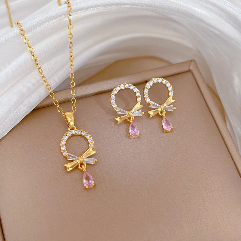 Luxury Fresh and Sweet Plated Brass Zircon Micro-Pave Earrings and Necklace Set