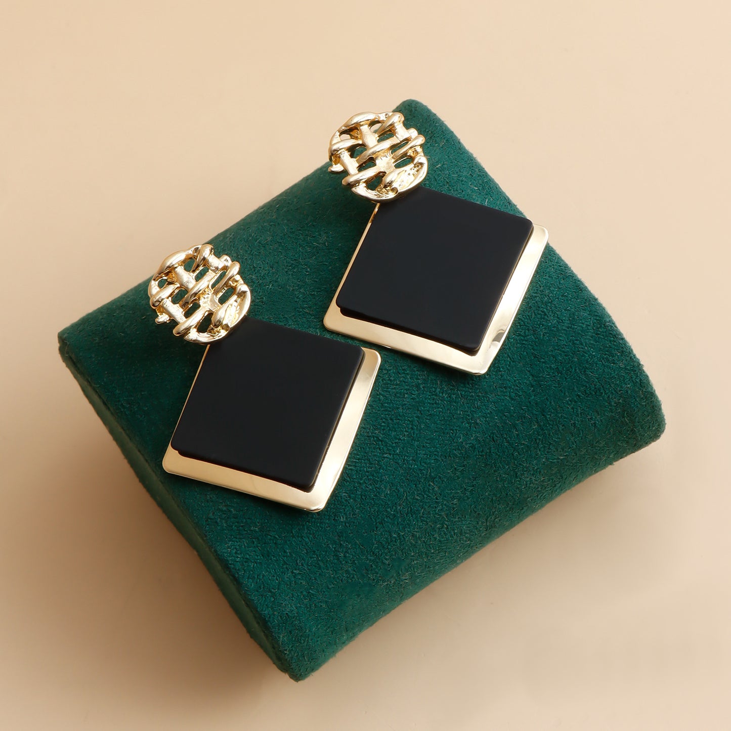 Fashionable Black Square Geometric Stud Earrings for Women with Metallic Finish and Electroplated Surface