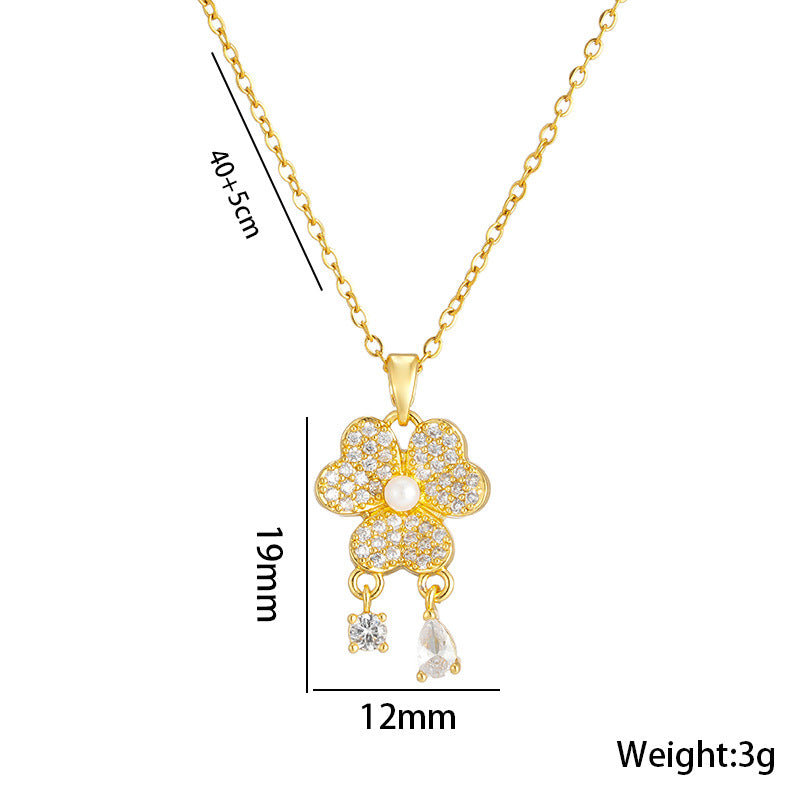 Luxury Minimalist Three-Petal Floral Pendant Necklace for Women in Titanium Steel with Rhinestone Inlay and O-Chain