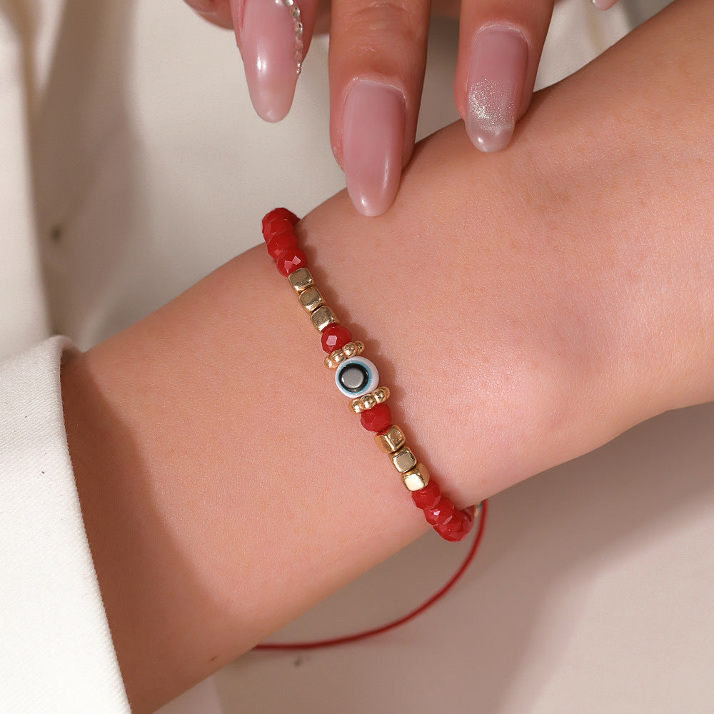 Fashion Geometric Glass Bead Handmade Bracelet with Red Cord and Gold Beads for Unisex