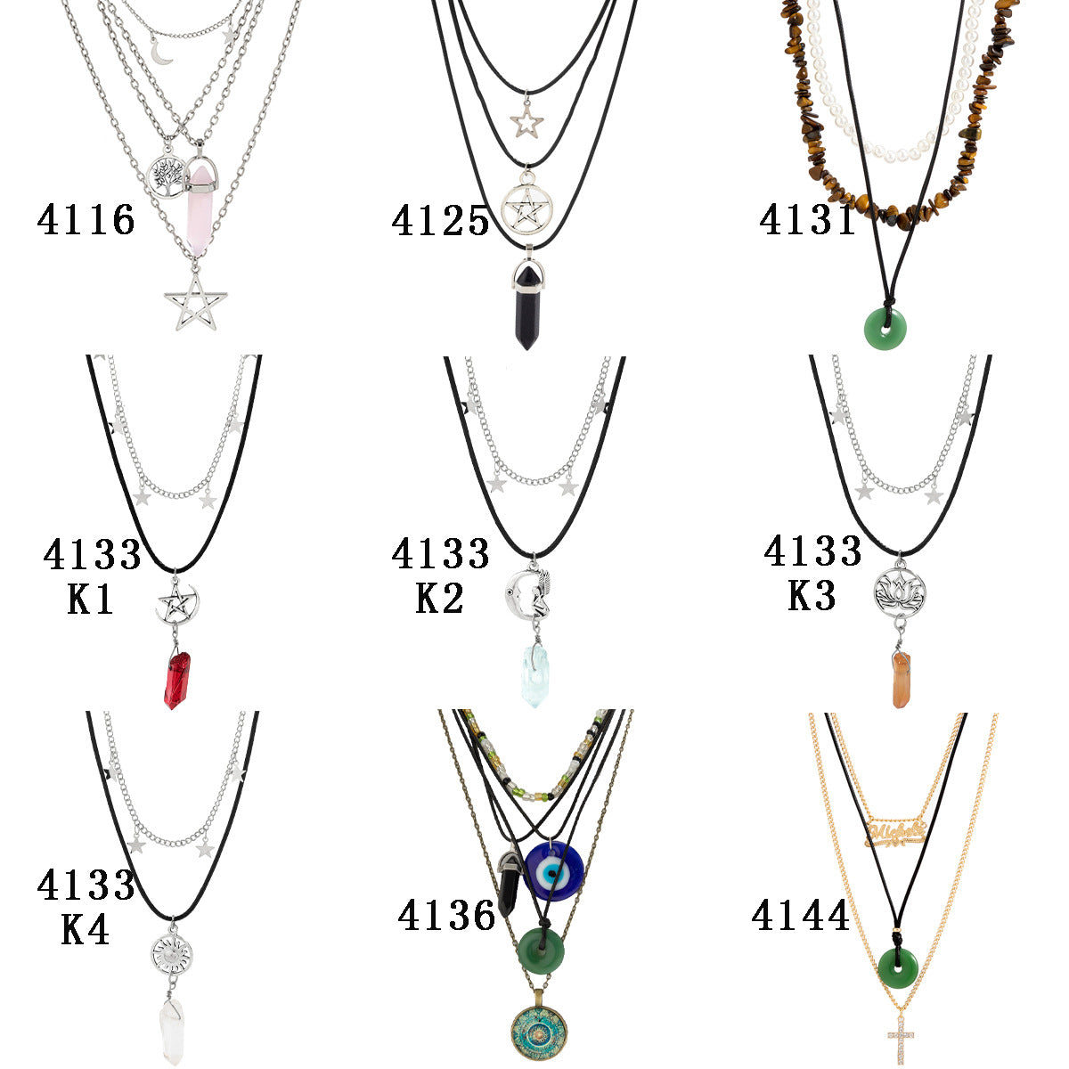 Collana da donna vintage bohémien multistrato con ciondolo occhio in cristallo, perline in resina e catena a sfere