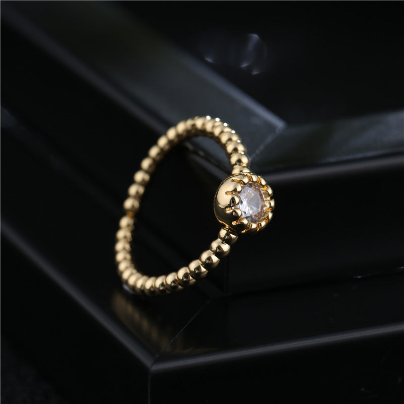 Vintage Bohemian 18K Gold Plated Geometric Brass Ring with Micro-Inlaid Cubic Zirconia for Women