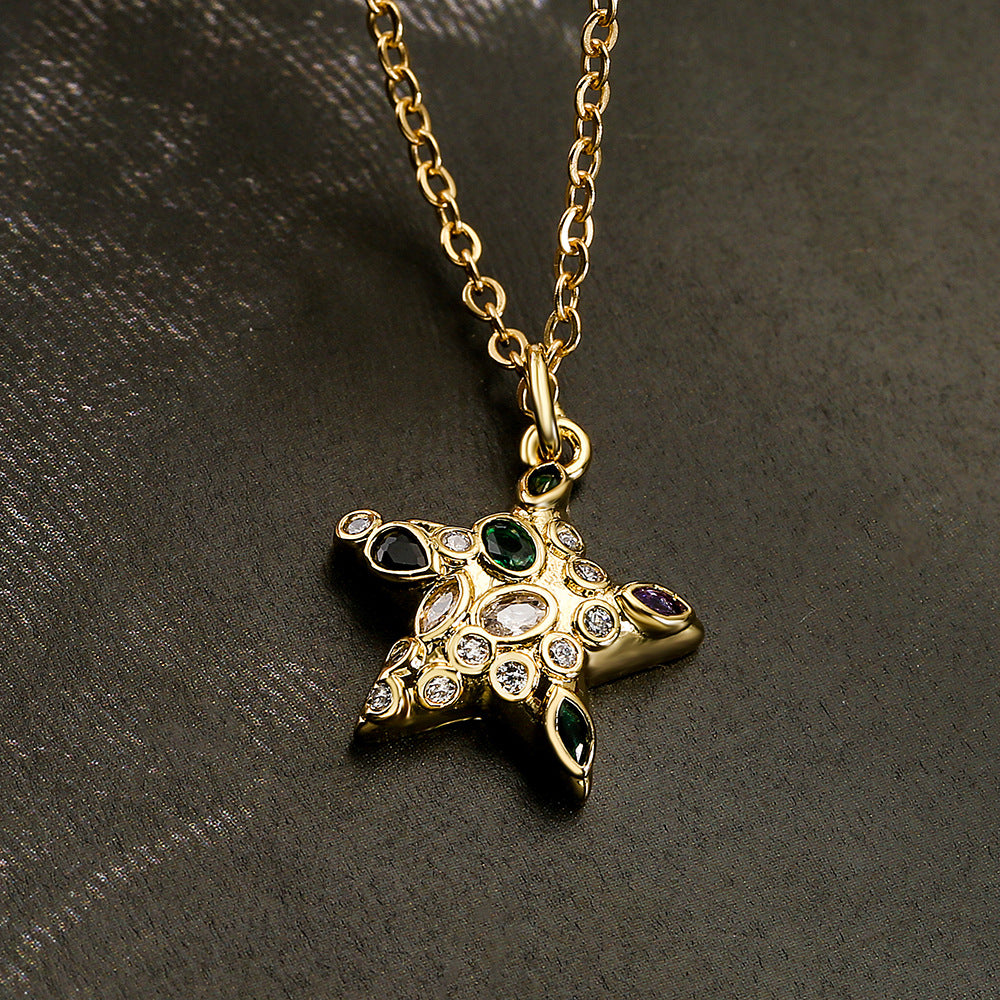 Geometric Star Pendant Necklace for Women in Copper with 18K Gold Plating and Zircon Inlay