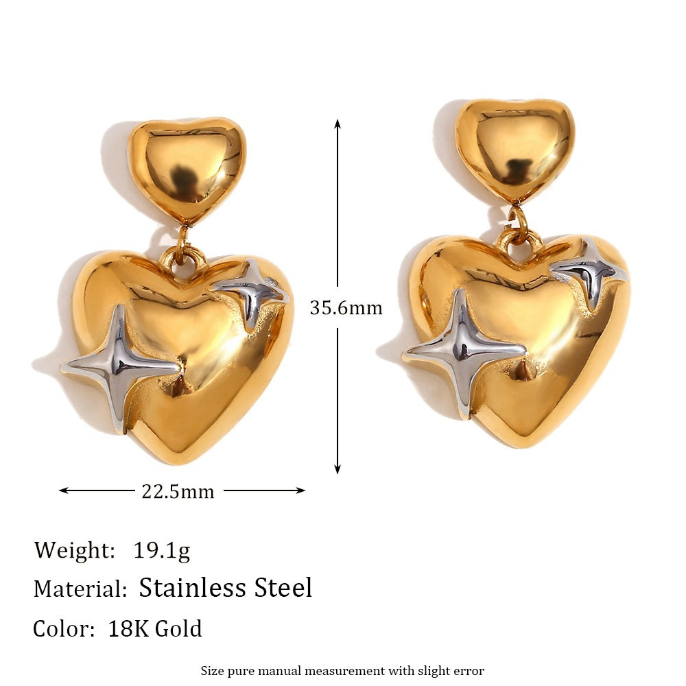 Fashionable Minimalist Star and Heart Shape Stainless Steel Earrings with 18K Gold Plating for Women