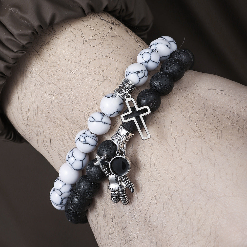 Minimalist Geometric 8mm White Pine Volcanic Stone and Hematite Ball Chain Bracelet Set with Cross and Astronaut Charms