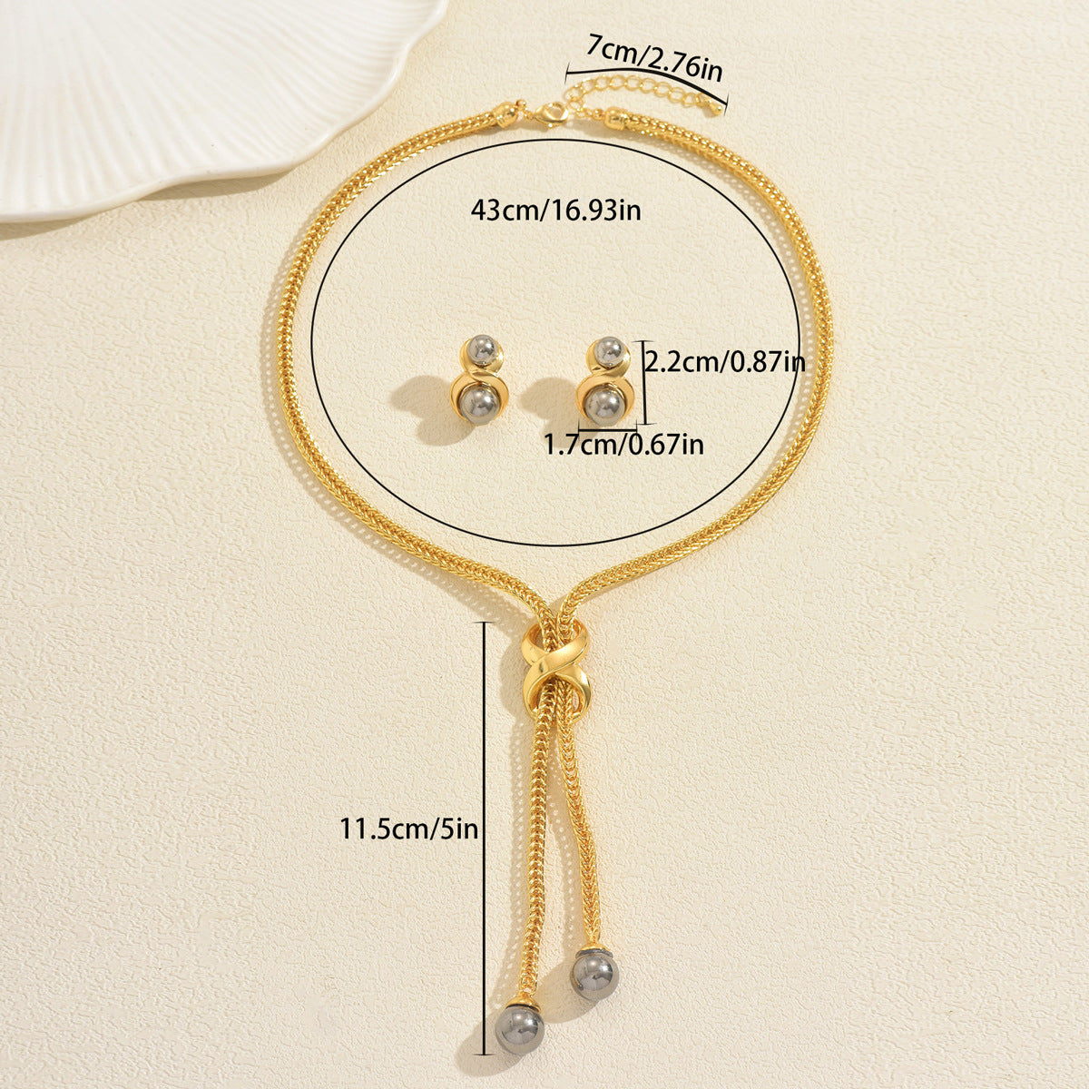 Geometric Pearl-Inlaid Zinc Alloy Necklace and Earrings Set for Women with Circular and Linear Design