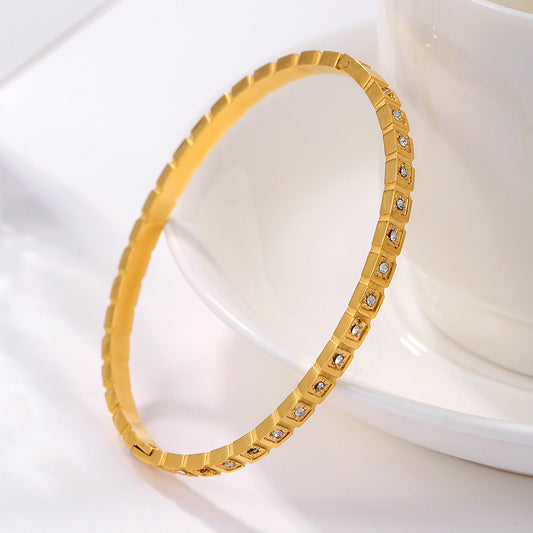 Gold Plated Geometric Round Stainless Steel Bracelet with Cubic Zirconia