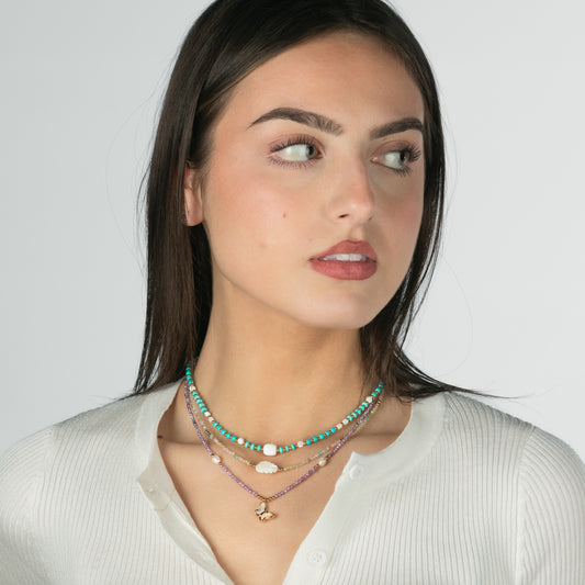 Fashionable Bow and Feather Pendant Necklace in Stainless Steel with Turquoise Natural Stone and Colorful Beads for Women