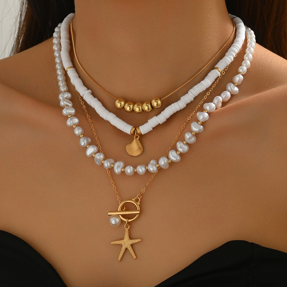 Casual Geometric Ocean-Inspired Long Pearl Clavicle Necklace Set in Zinc Alloy with Woven Finish