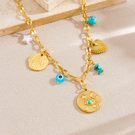 Vintage Style Star and Heart Shaped Pendant Necklace with Blue Rhinestone Inlay on Stainless Steel Snake Chain for Women