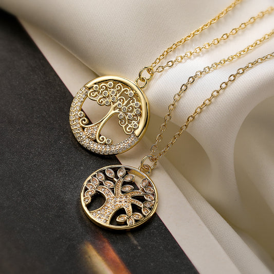Minimalist Geometric Tree of Life Pendant Necklace for Women in Copper with 18K Gold Plating and Zircon Inlay