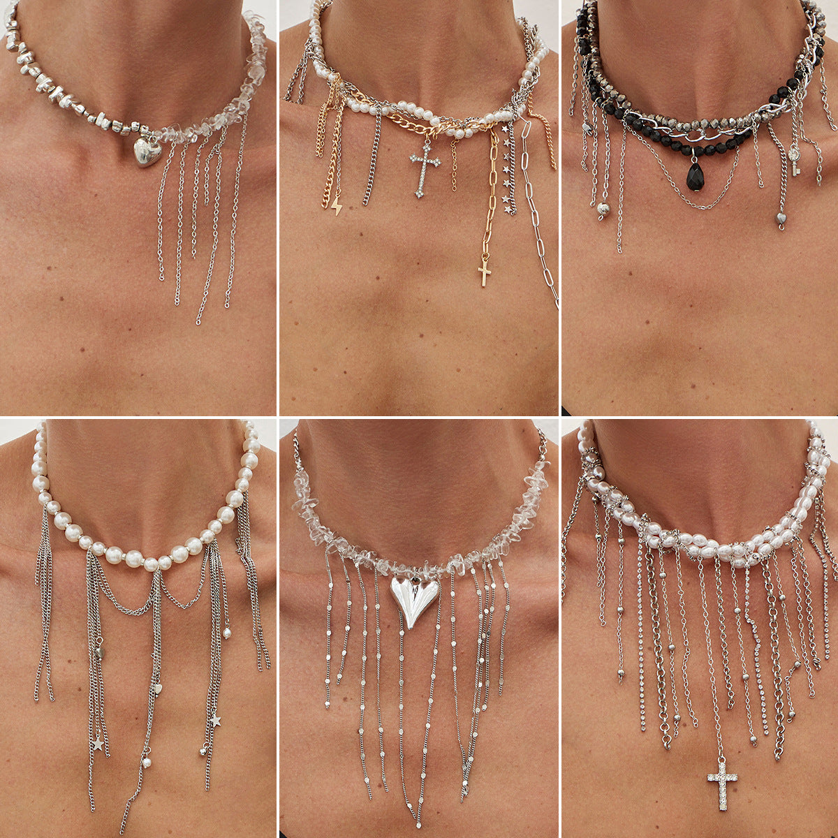Collana pendente a cuore e croce personalizzata con nappe su catena di perline fatta a mano per donne, perle d'imitazione e lega, finitura placcata