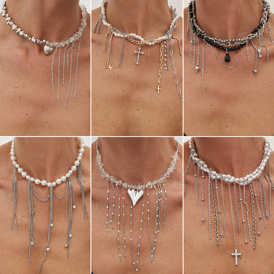 Collana pendente a cuore e croce personalizzata con nappe su catena di perline fatta a mano per donne, perle d'imitazione e lega, finitura placcata