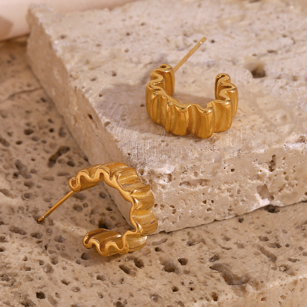 Minimalist Geometric Stainless Steel Plated 18K Gold Folded Flower C-Shaped Earrings for Women