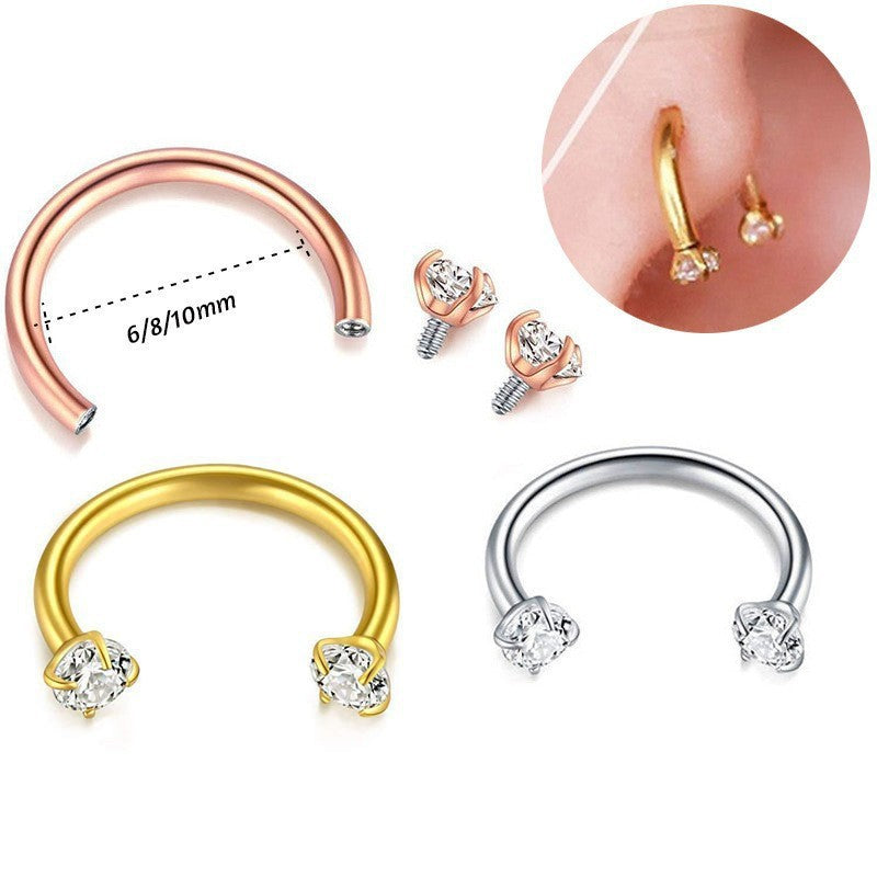 Fashion OL Style Horseshoe-Shaped Titanium Alloy Nose Stud with Polished Finish and Cubic Zirconia Inlay for Unisex Piercing