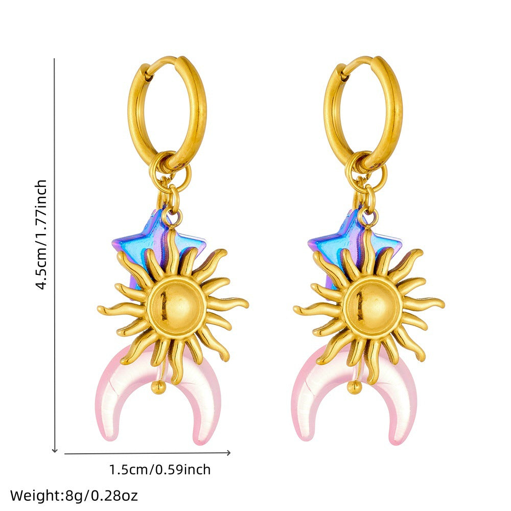 Minimalist Sweet Gold Plated Stainless Steel Star Moon Sun Earrings