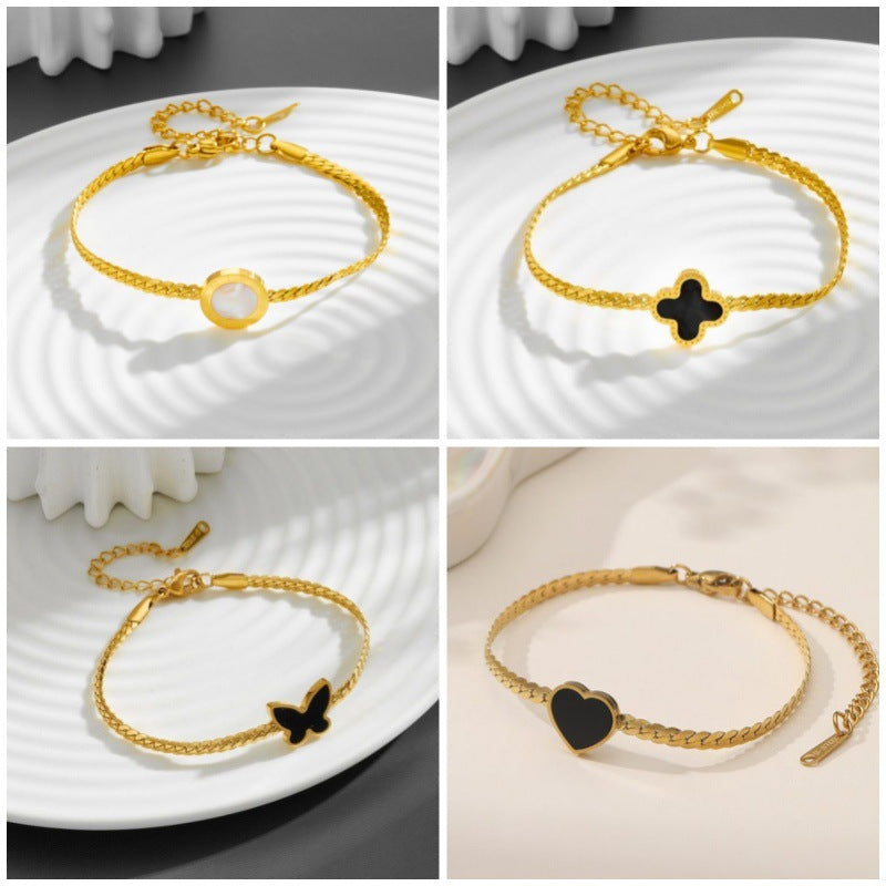 Minimalist Four-Leaf Clover Roman Style Titanium Steel Bracelet with Plated Finish, Floral Leaf Design, Unisex Fashion Accessory