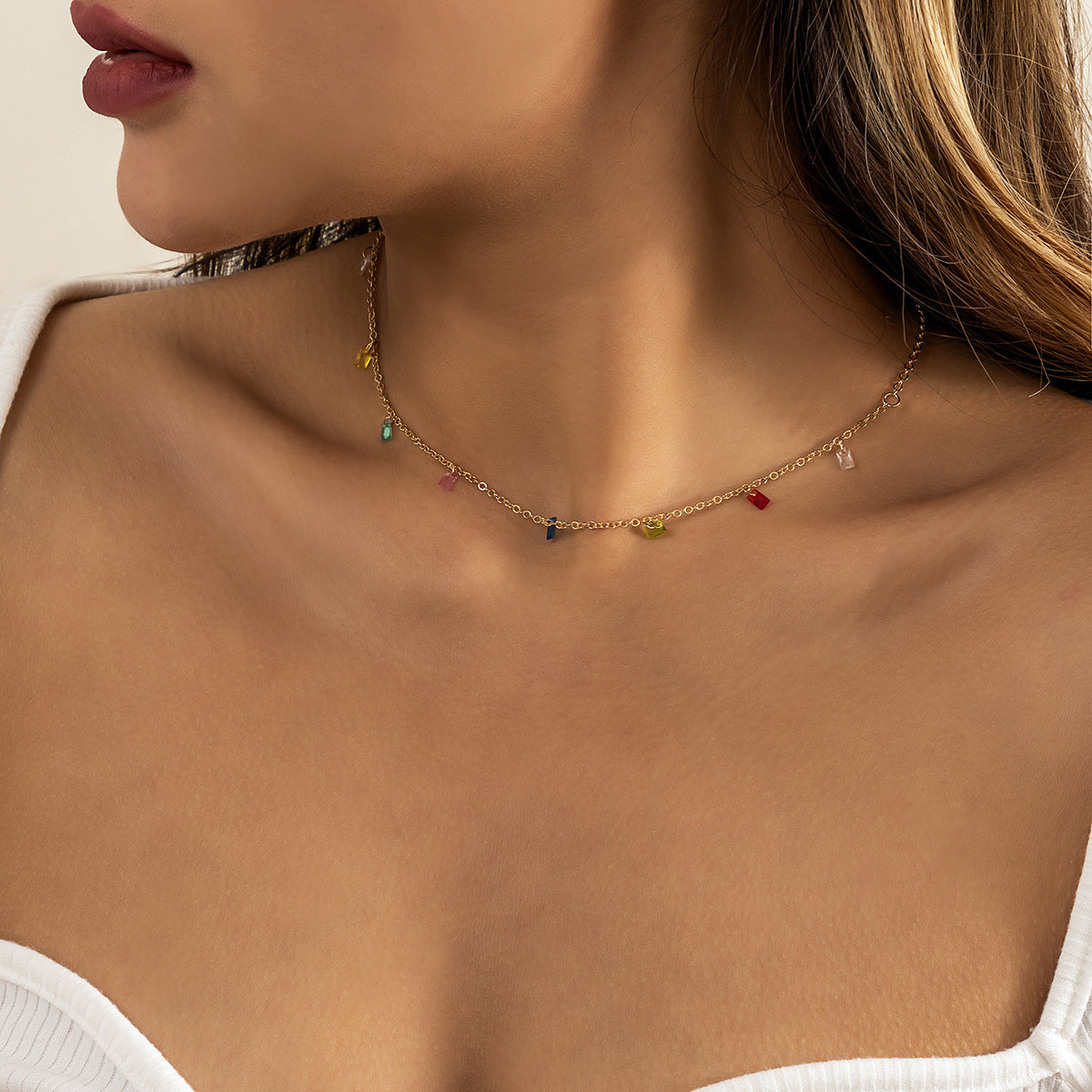 Bohemian Star Acrylic Pendant Crystal Inlay Plated Alloy Box Chain Necklace