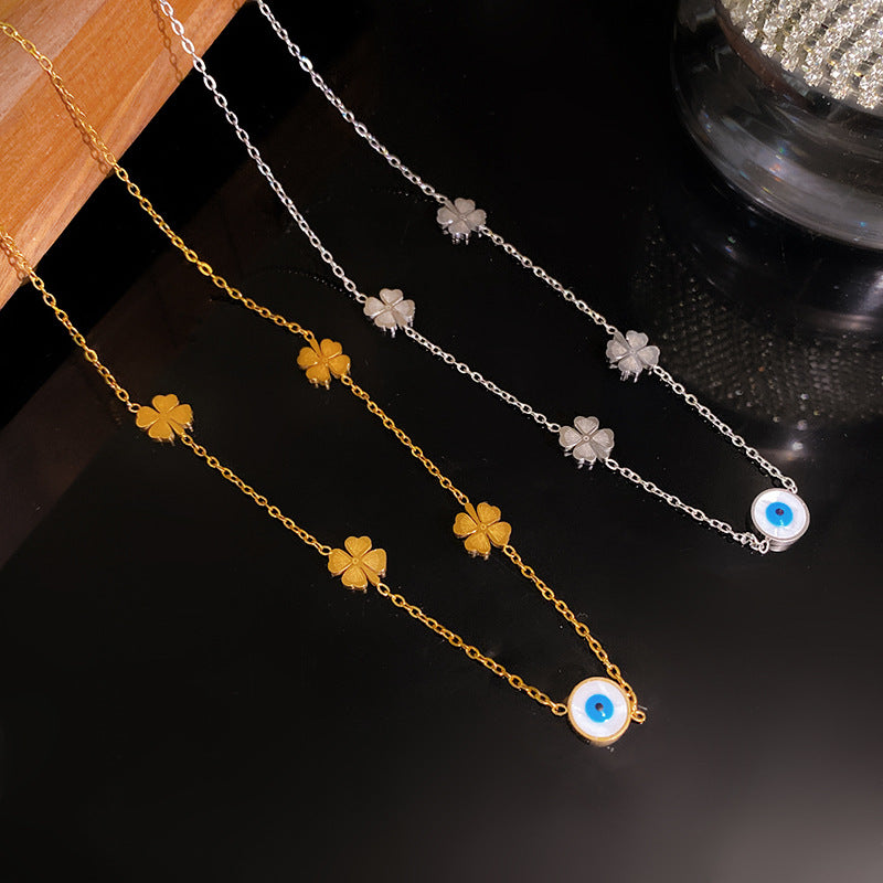 Elegant Evil Eye Four-Leaf Clover Double Layer Titanium Steel Necklace for Women