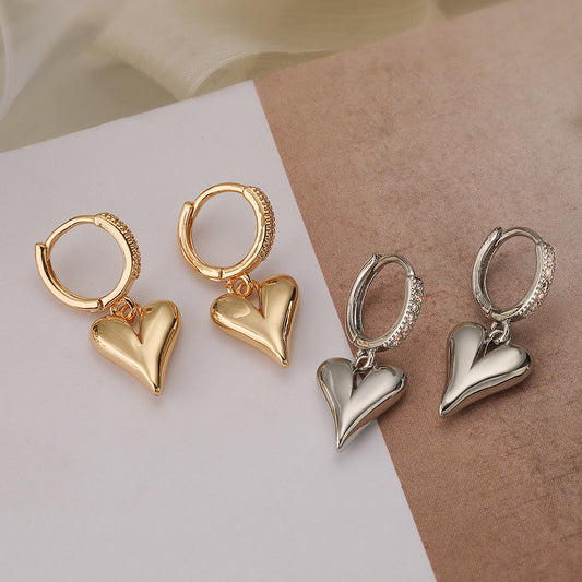Minimalist Geometric Copper Earrings with Real Gold Plating for Women, Simple Heart-Shaped Dangle Earrings, Fashionable and Versatile Metal Jewelry