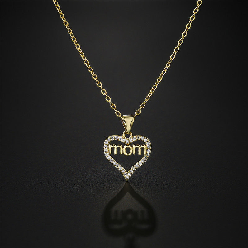 Gold Plated Brass Heart Letter Mom Pendant Necklace with Micro Inlay