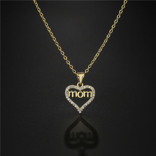 Gold Plated Brass Heart Letter Mom Pendant Necklace with Micro Inlay