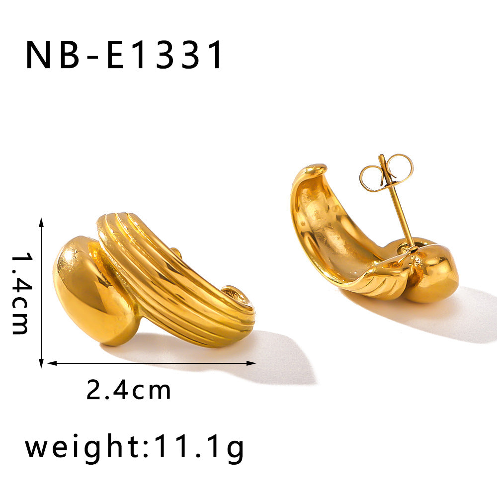 Vintage Geometric C-Shaped Threaded Earrings in 316 Stainless Steel with 18K Vacuum Plating for Women