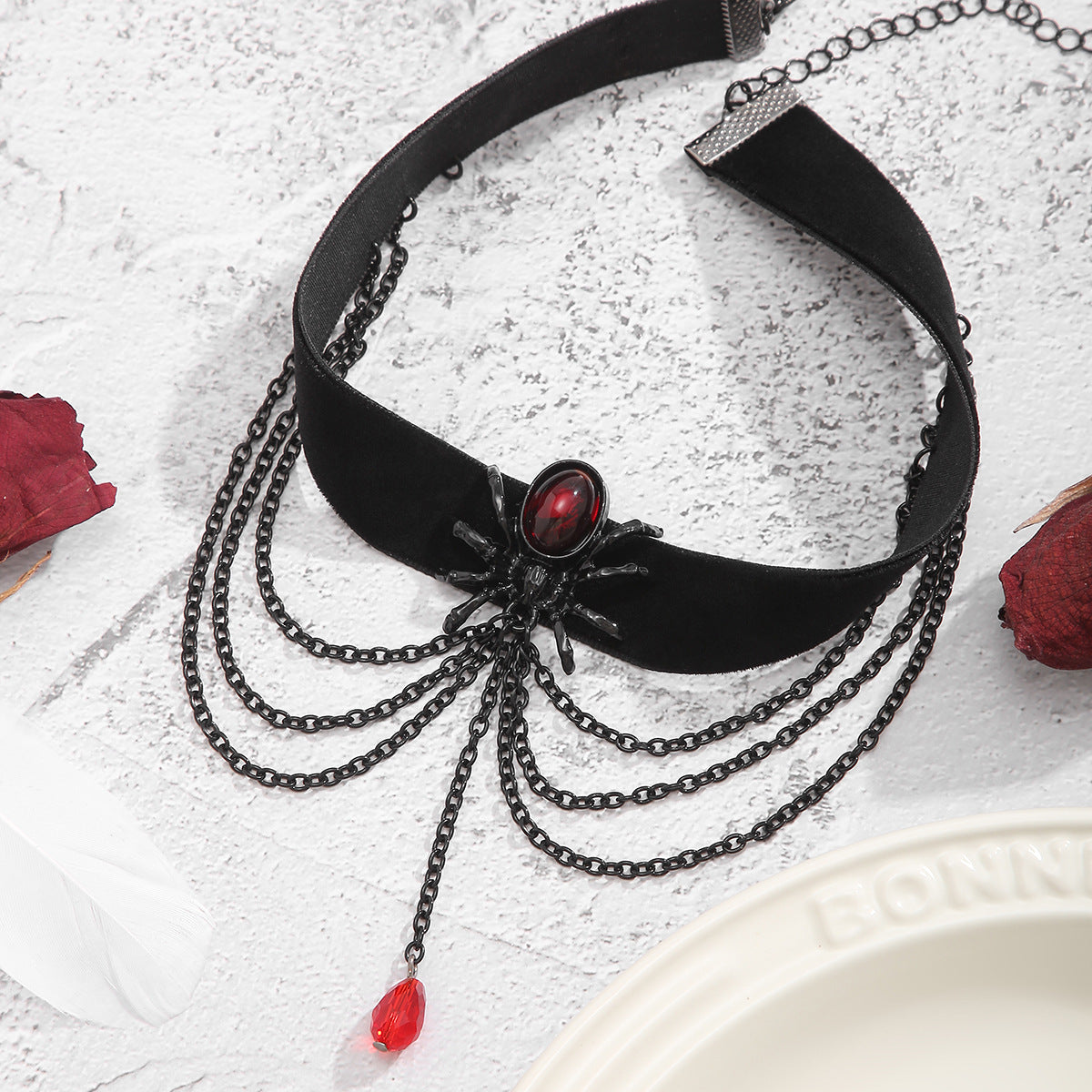 Punk Gothic Spider Blood Drop Crystal Pendant Zinc Alloy Choker Necklace for Women