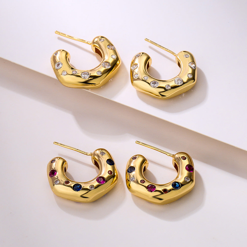 Orecchini a perno geometrici irregolari da donna in rame con micro-incastonatura, gioielli minimalisti e alla moda per tutti i giorni