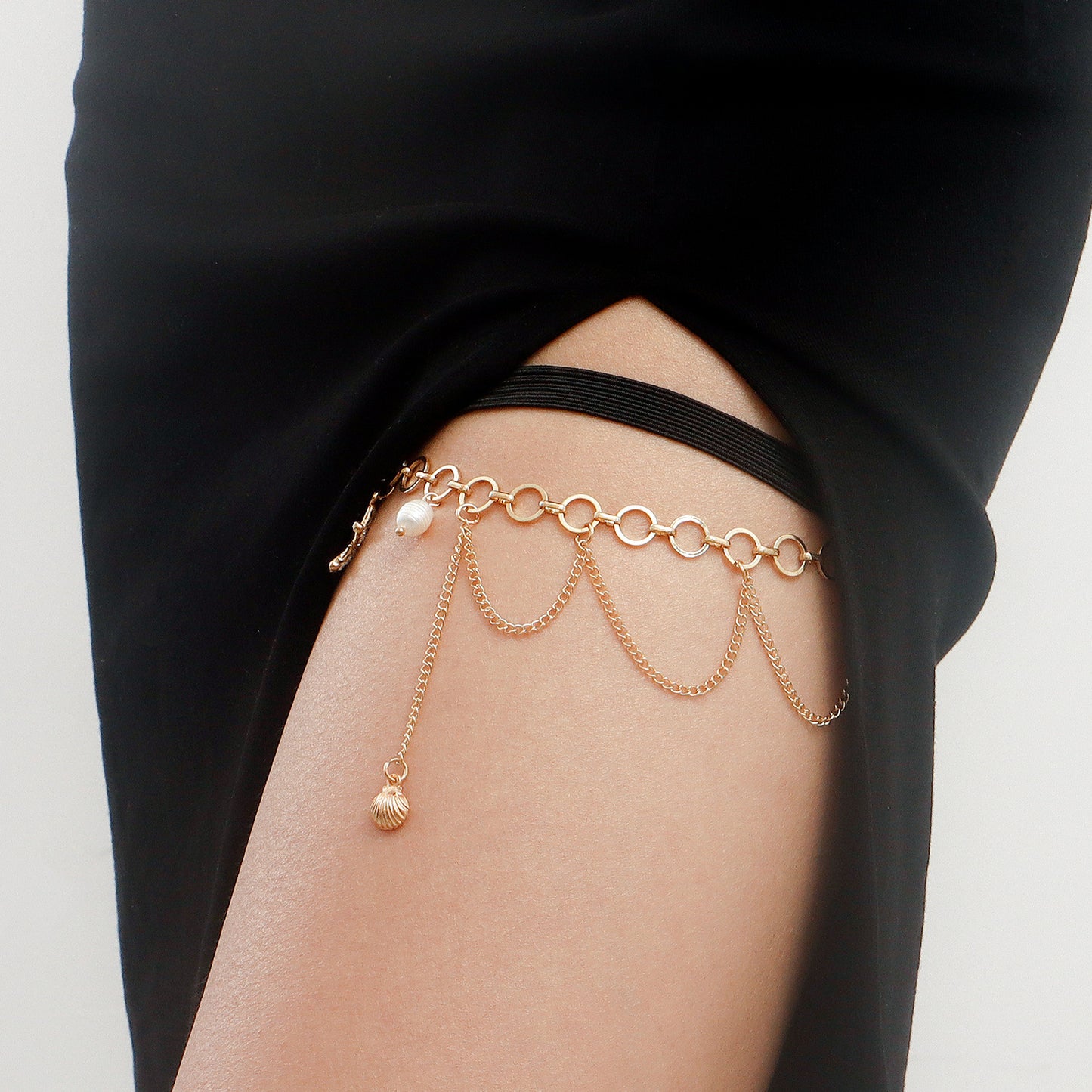 Geometric Starfish and Seashell Pendant Freshwater Pearl Elastic Leg Chain for Women