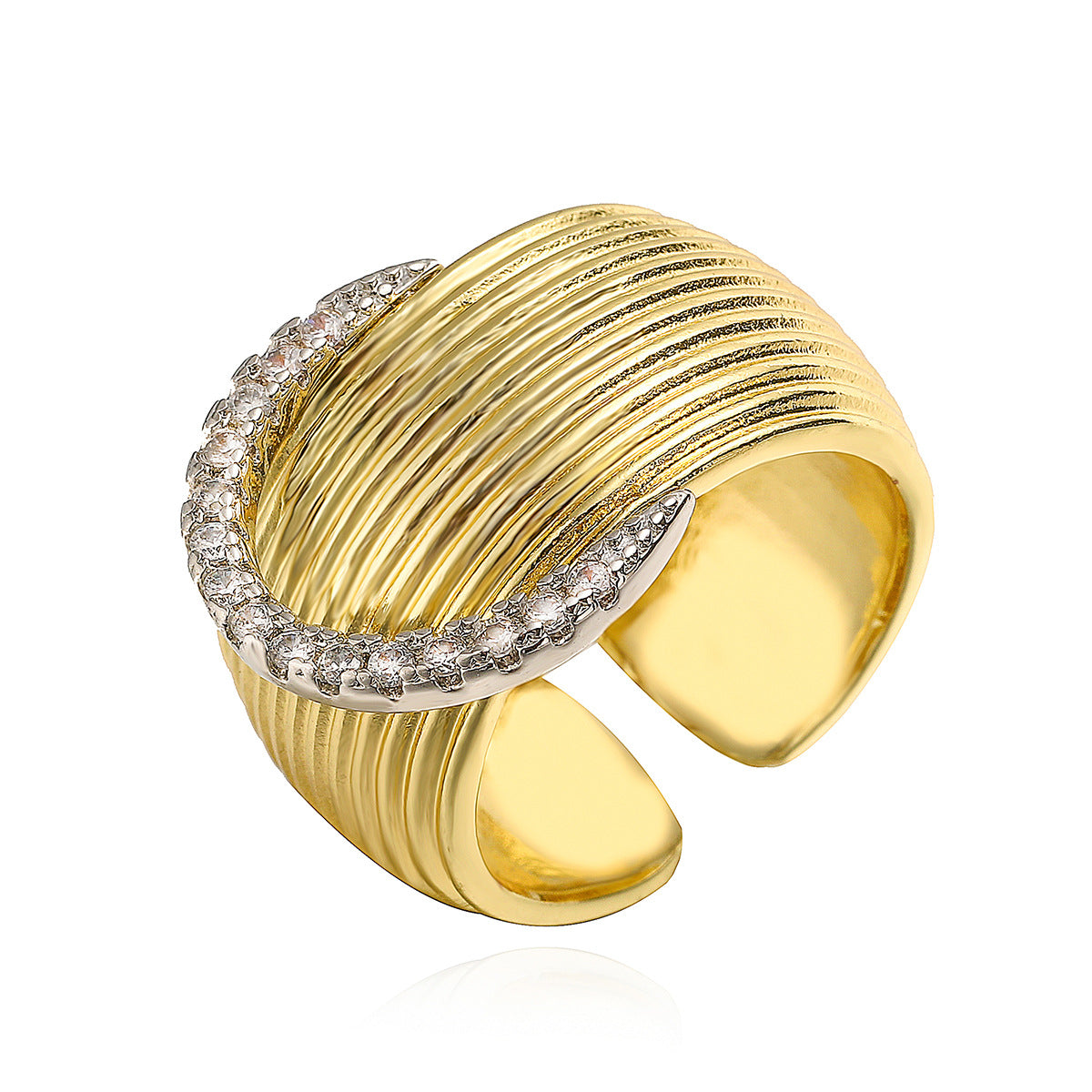 Two-Tone Plated Geometric Open Ring with Cubic Zirconia for Women