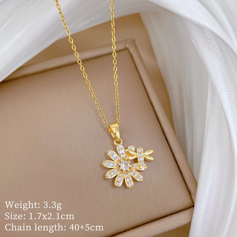 Sweet Minimalist Rhinestone Floral Butterfly Titanium Steel Necklace Set for Unisex