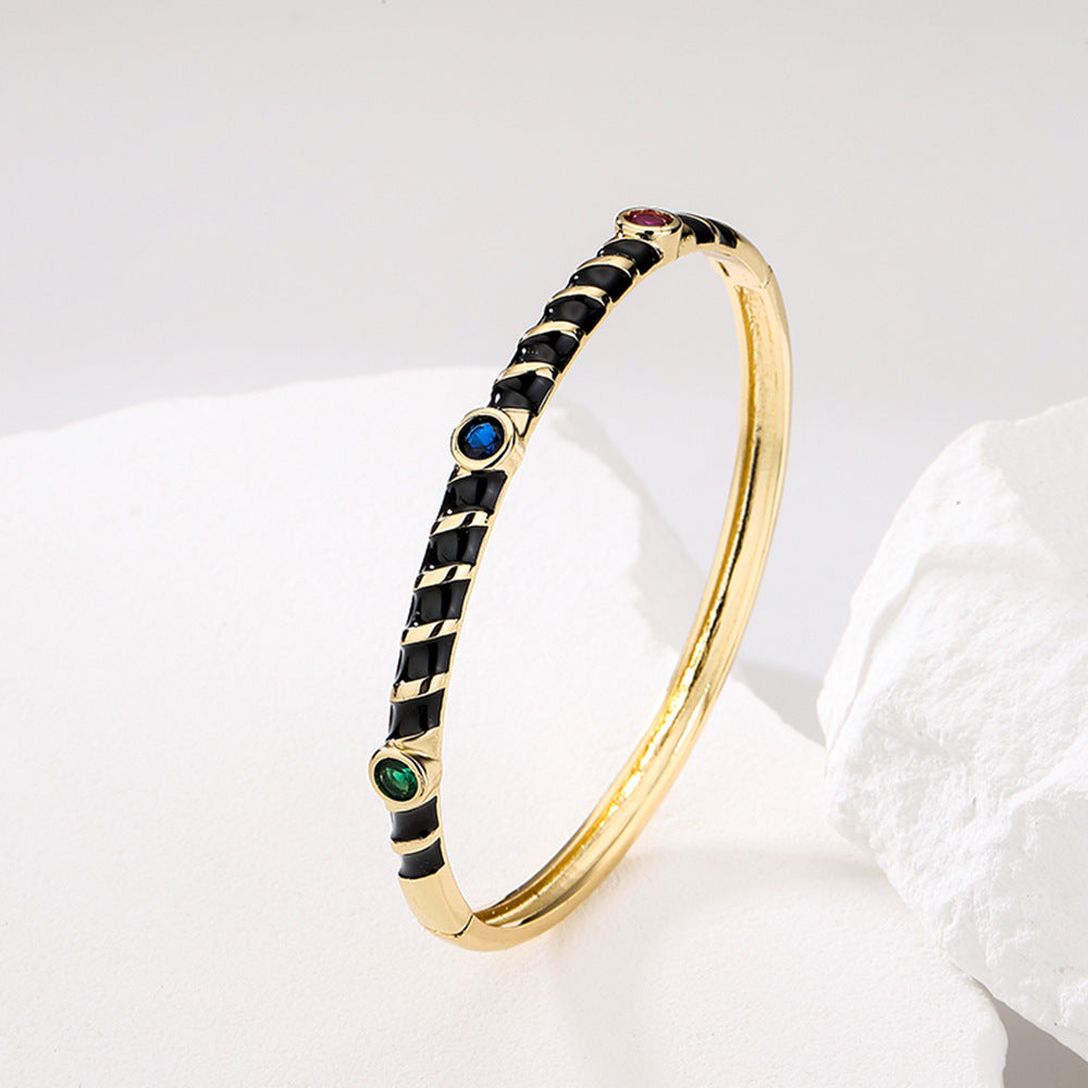 Bracciale in Rame Stile Bohemien con Placcatura in Oro e Finitura a Smalto, Intarsio in Zirconia, Gioielli Artigianali Unici da Donna