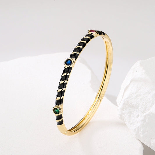 Bohemian Style Copper Bracelet with Gold Plating and Enamel Finish, Zirconia Inlay, Women's Unique Handcrafted Jewelry