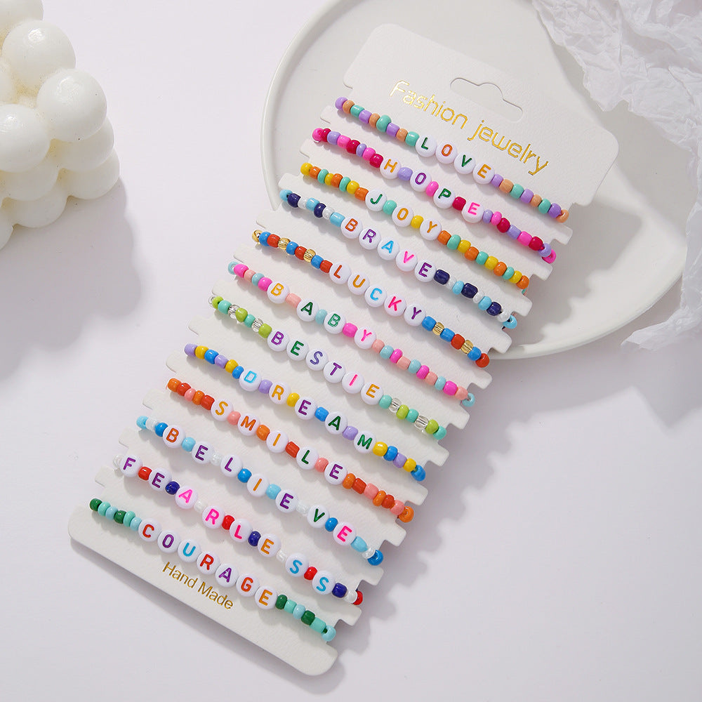 Macaron Color Letter Acrylic Beaded Bracelet Adjustable Woven Handmade Jewelry
