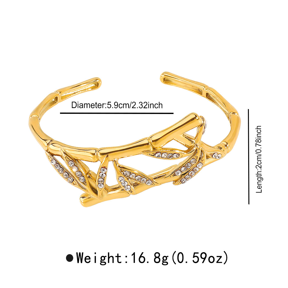 Bracciale Vintage in Bambù con Foglie in Acciaio Inox con Intarsio di Strass, Finitura Placcata, Gioiello da Mano di Lusso Leggero