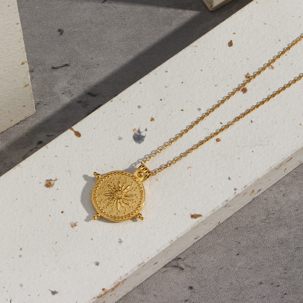 Vintage-Style Geometric Sun Compass Pendant Necklace in Stainless Steel with 18K Gold Plating for Women