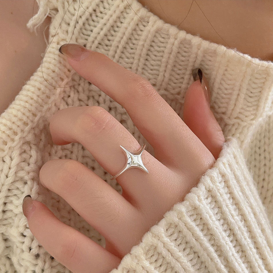 Minimalist Heart-Shaped 925 Sterling Silver Adjustable Ring with Beveled Square Accent and Polished Finish