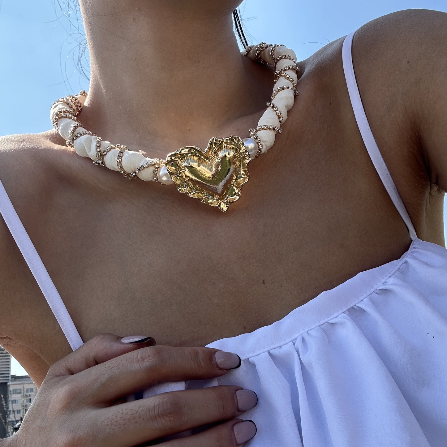 Vintage Elegant Heart Geometric Rhinestone Pearl Necklace for Women