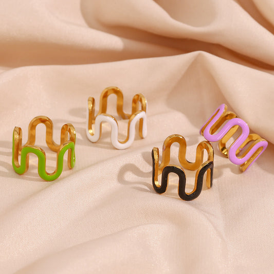 Minimalist Y2K Wave-Shaped Stainless Steel Ring for Women with 18K Gold Plating and Enamel Finish