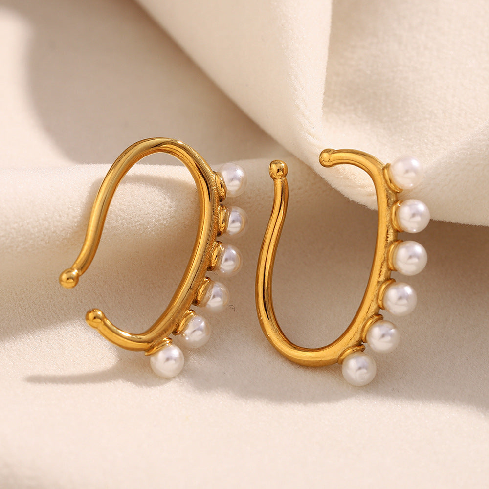 Minimalist Geometric Stainless Steel Ear Clips with 18K Gold Plating and Single Pearl Accent for Women