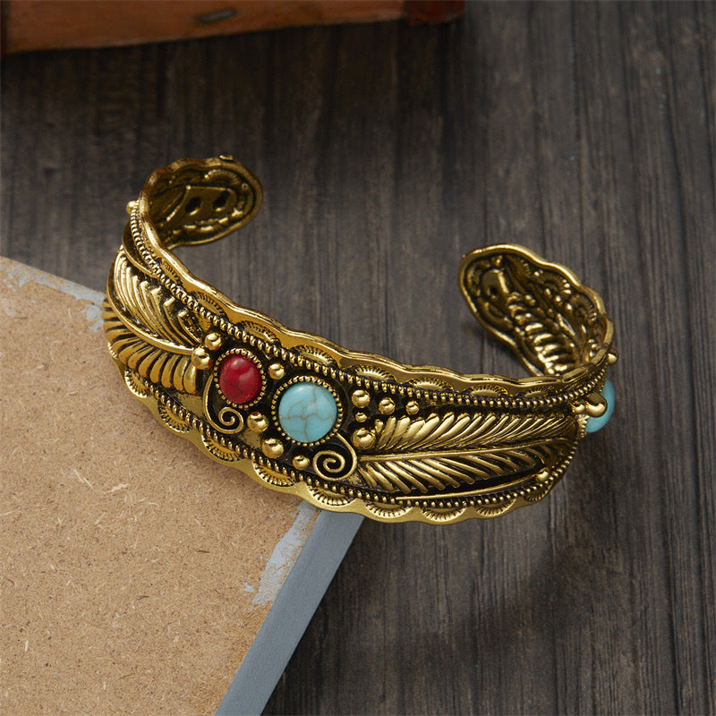 Bracciale vintage da donna con intarsi in turchese a forma di foglia, in lega placcata, stile etnico