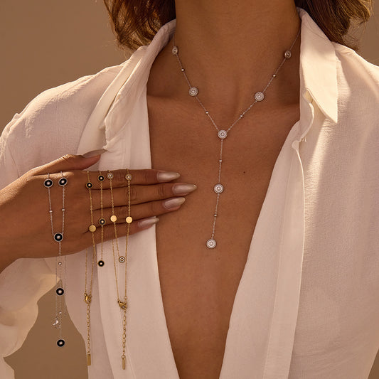 Fashionable OL Geometric Stainless Steel Pendant Necklace with Rhinestone Inlay, Plated Y-Shape Chain, Elegant Tassel Locket Necklace for Women